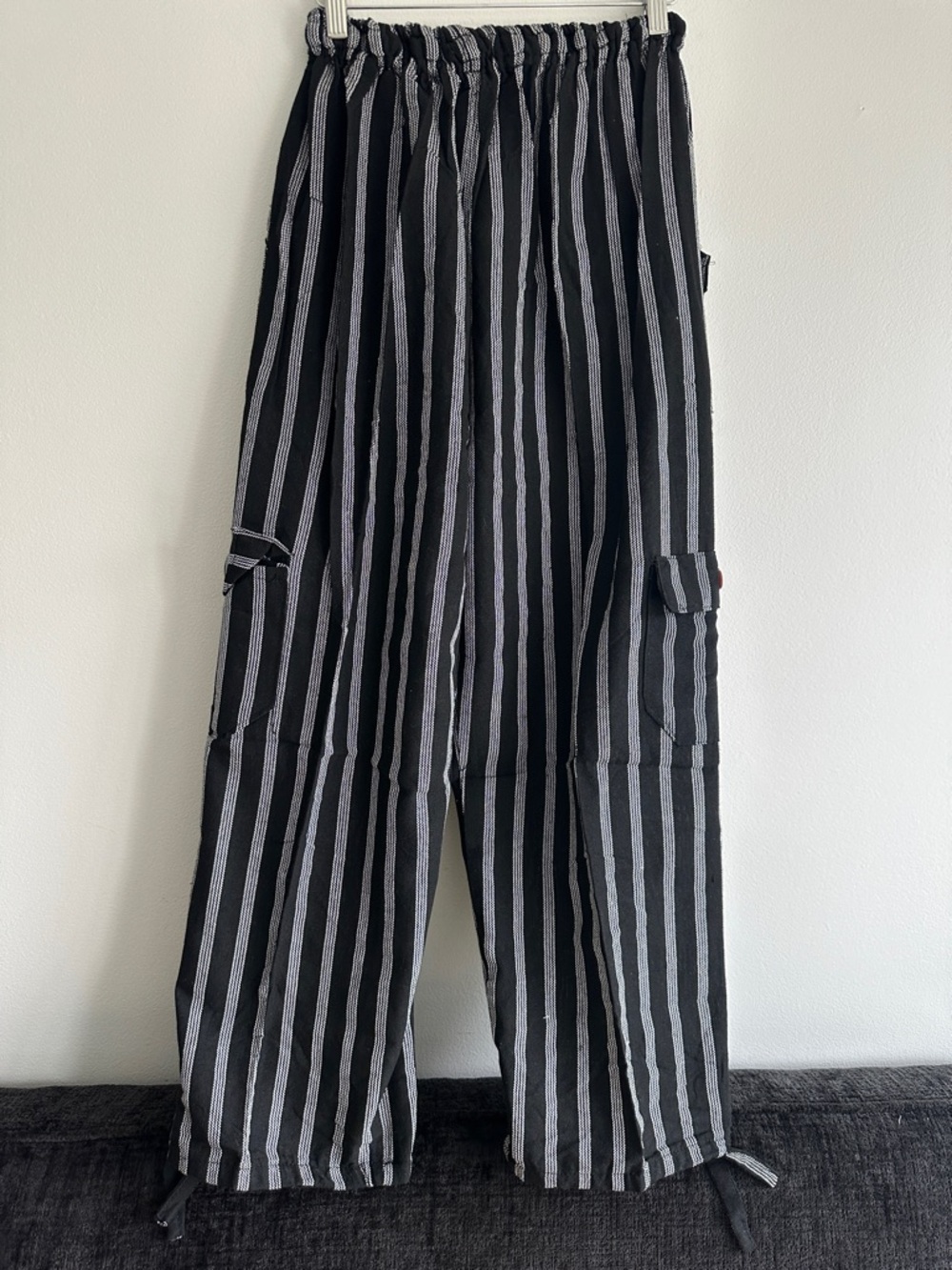 Peru/Ecuador Handmade Cotton Boho Black Gray Striped Unisex Joggers Pants Large - Picture 3 of 6